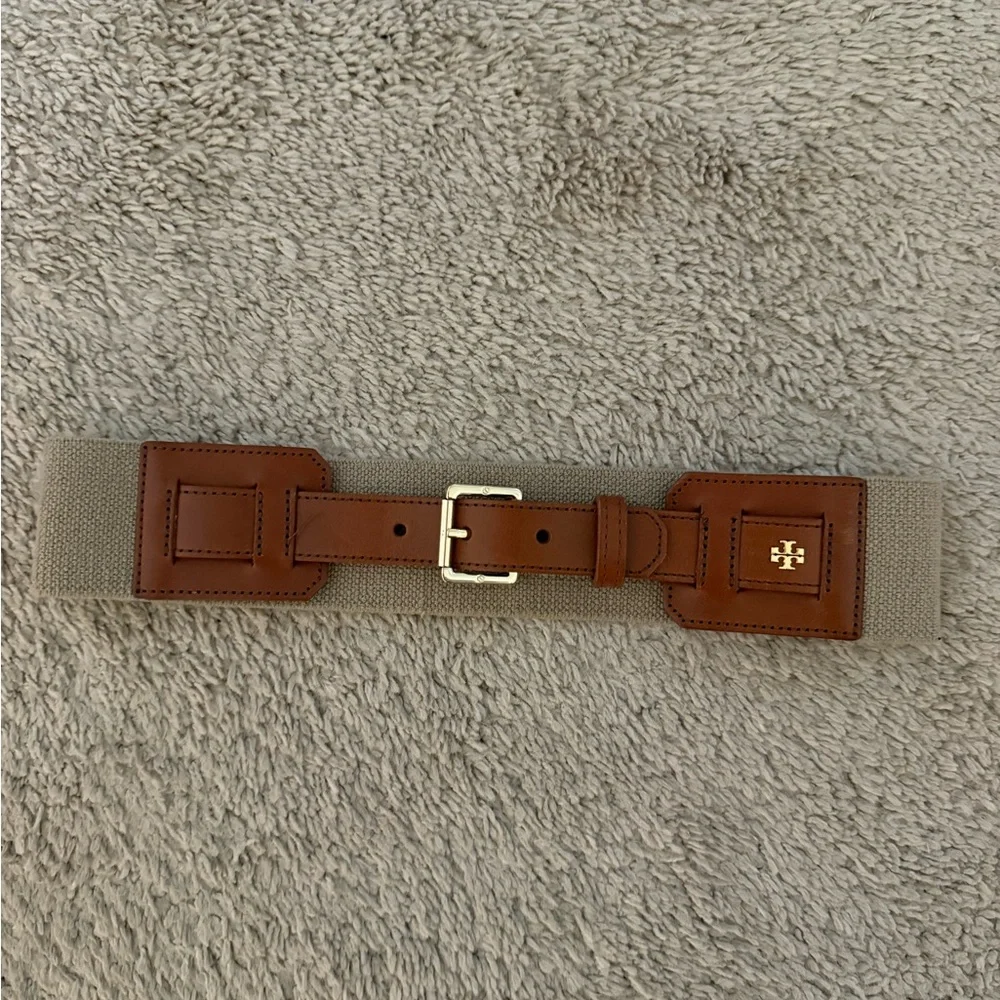 Tory Burch Beige Stretch Waist Belt with Tan Leather Trim & Gold Logo XS - Picture 1 of 5